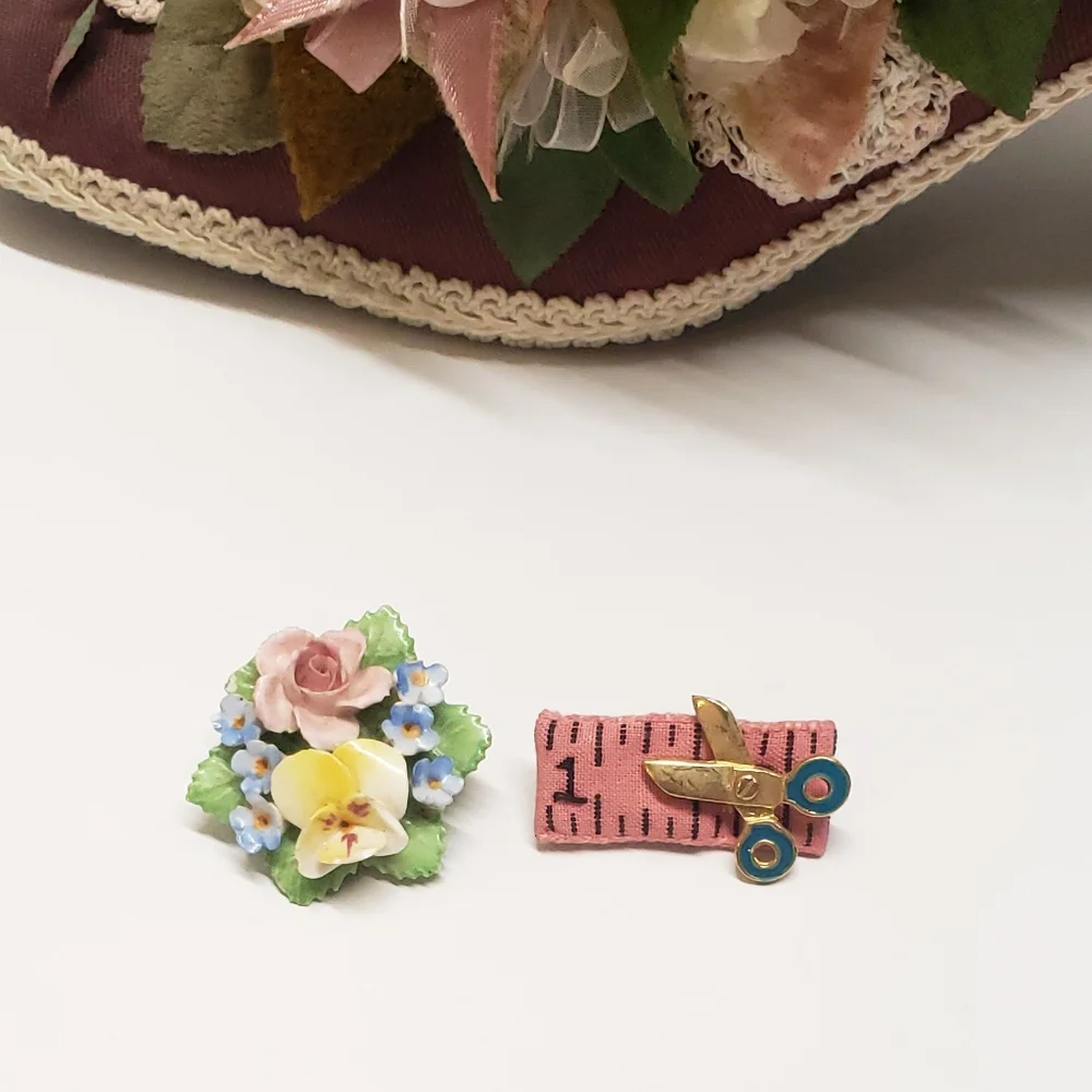 Vintage Denton England Ceramic Flower Brooch & Handmade Tape Measure Scissor Pin